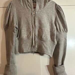 Gray Cropped Hoodie with Puff Sleeves